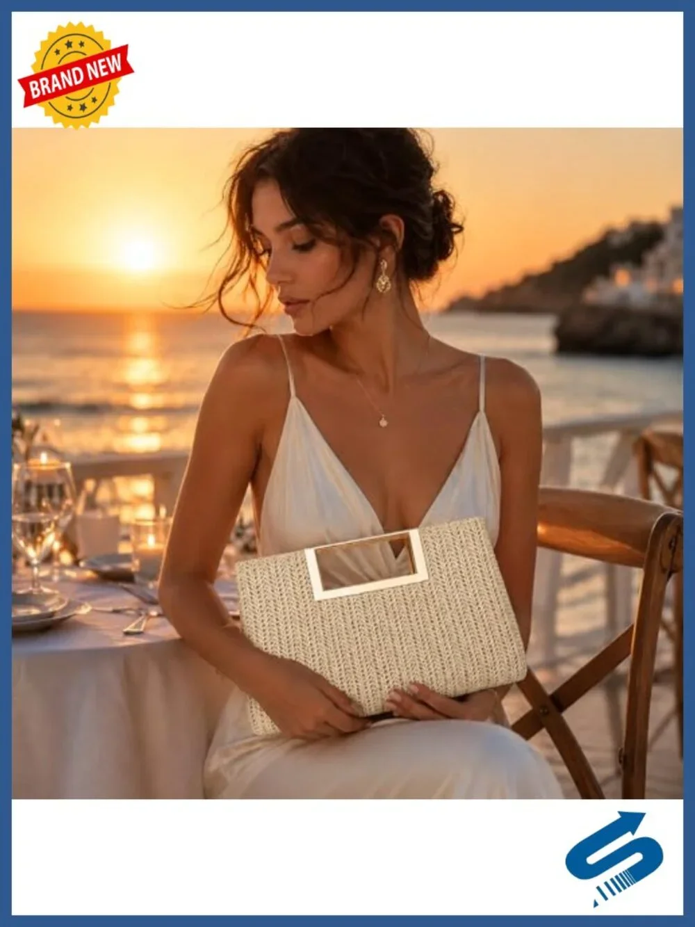 Straw Clutch Purse for Women, Top Handle Evening Handbag with Detachable Chain